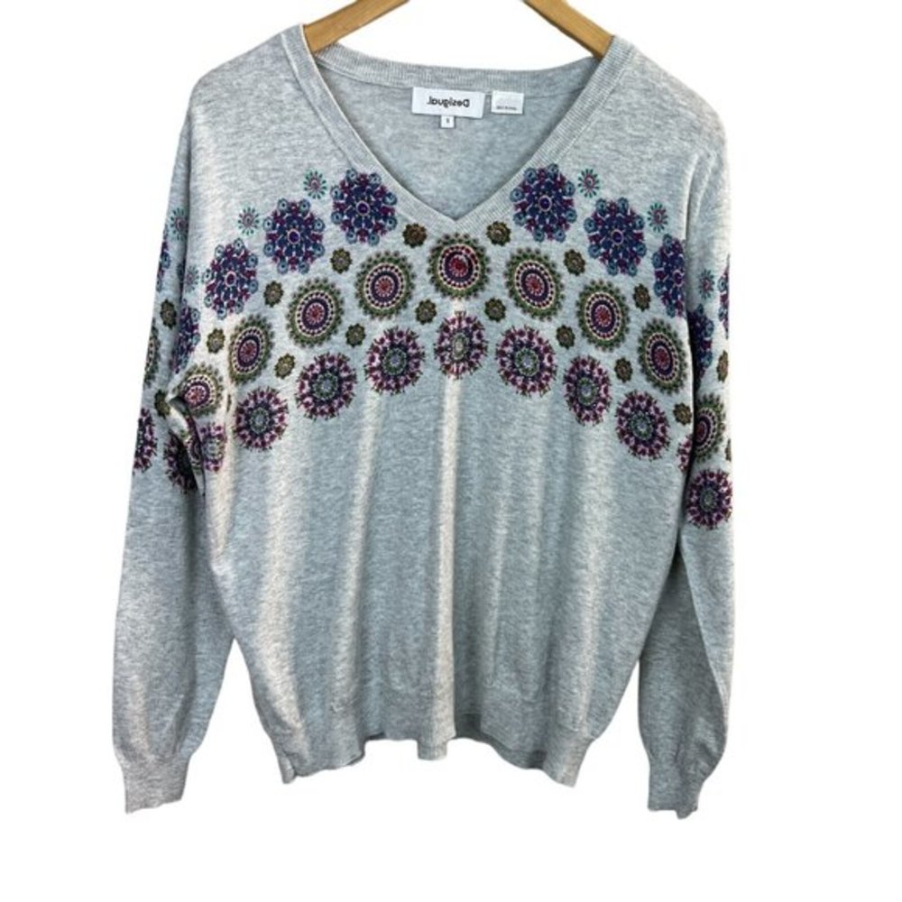 Desigual Sweater Small Gray Floral Medallion Rhinestone Long Sleeve V-Neck Women